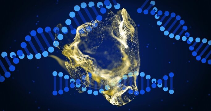 Swirling golden vortex glowing at center on deep navy gradient, with blue DNA helices and specks