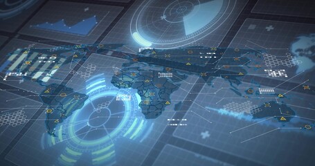 Projecting holographic global map over dark grid interface, showing HUD reticles, hex panels, links © vectorfusionart