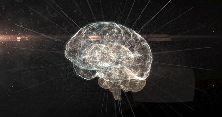 Obraz premium Glowing hologram wireframe brain hovering in dark studio with nodes, links, radial beams, particles