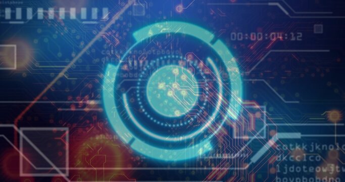 Pulsing central teal HUD rings emitting glow across digital control panel, showing code fragments
