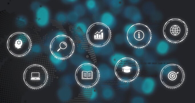 Icons animating on load, pulsing rings highlighting search, charts and learning for global insight