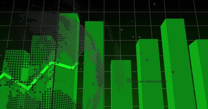 Rendering tall green 3D bars rising in virtual analytics grid, with neon line nodes, dotted globe
