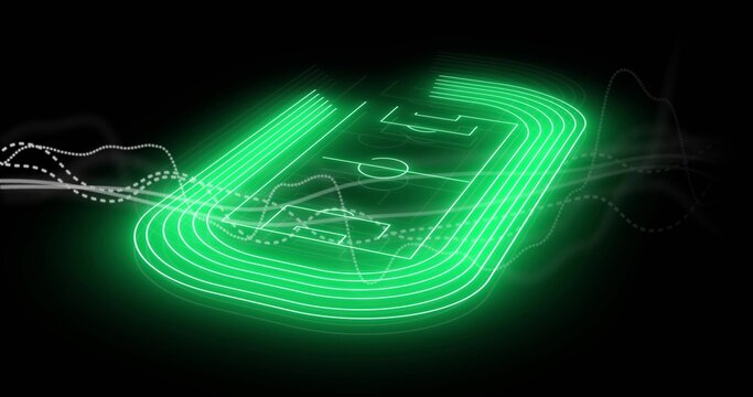 Displaying glowing pitch with center-circle and oval track in dark void, with waveform lines