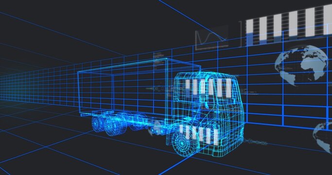 Displaying wireframe cargo truck and trailer moving through virtual 3D corridor, with HUD overlays