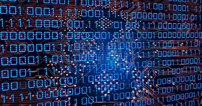 Displaying centered PCB in macro view showing binary overlay with microchip and copper traces
