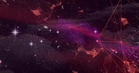 Glowing purple-pink nebula cloud merging with polygonal mesh in space scene, showing star points © vectorfusionart