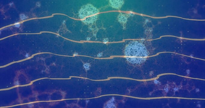 Gliding horizontal beige tan bands crossing central digital field, showing fractal clusters