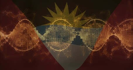 Naklejka premium Showing emblem merging stylized flag motif with glowing double helix on artboard, wireframe nodes