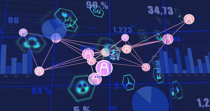 Displaying central network graph on data dashboard, showing pink purple nodes, links, metrics