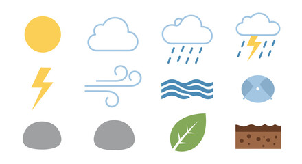 Obraz premium Flat Nature and Weather Elements Icons Collection. Sun, Clouds, Rain, Wind, Water, Earth, Leaf, Rock, Lightning.