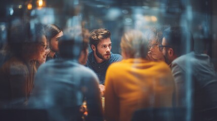 Fototapeta premium Corporate team engaging in a strategic puzzle challenge leader providing instructions as colleagues collaborate surrounded by a softly blurred modern office space.
