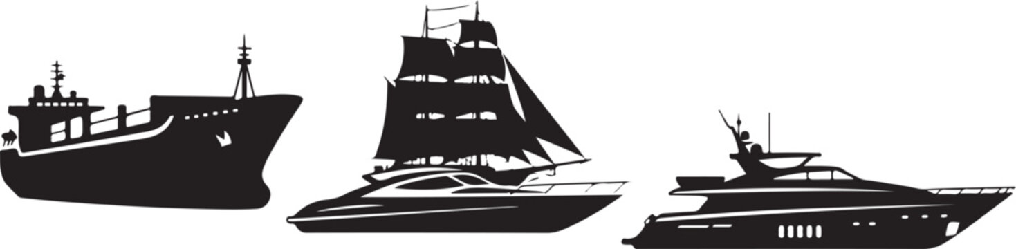 cargo ship sailboat speedboat yacht silhouette set black minimal vector white background.