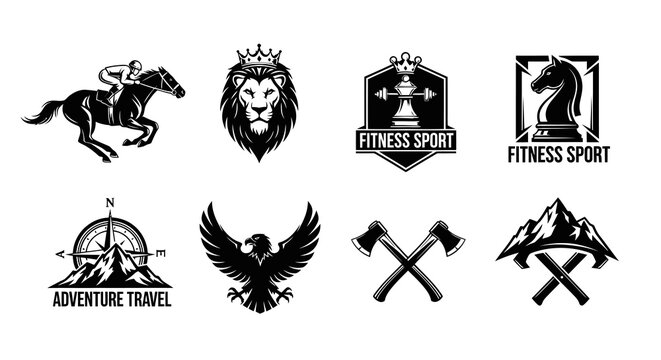 Monochromatic Sport, Fitness, Adventure, Outdoor  Animal Logo Designs and Emblems Set