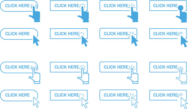 User interface elements set of clickable buttons with hand and cursor icons for app design