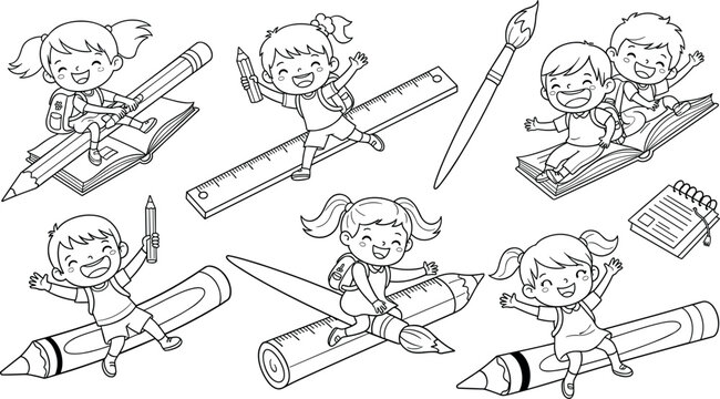 Cute school kids riding pencils and books vector set with rulers, paintbrush, learning tools, playful outline illustration design