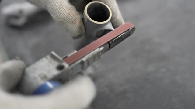 Close up of gloved hands using a small belt sander to smooth the surface of a metal bicycle frame component