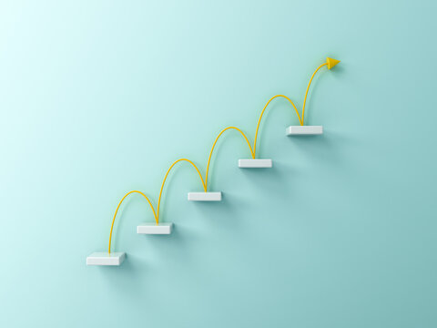 Abstract stairs or 5 steps the business concepts or the progress jumping up steps with yellow curve arrow isolated on light green blue pastel color wall background 3D rendering