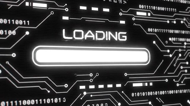Futuristic Digital Loading Progress Bar with High Tech Circuit Board and Binary Code Interface for Software Update and Data Transfer Concept