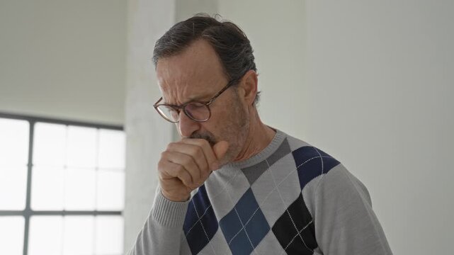 Man with hand on throat coughing in building interior, wearing glasses and argyle sweater; illness discomfort.