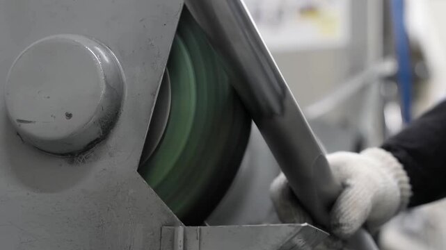 Heavy-duty industrial grinding machine polishing a metal tube for high-end bicycle frame manufacturing