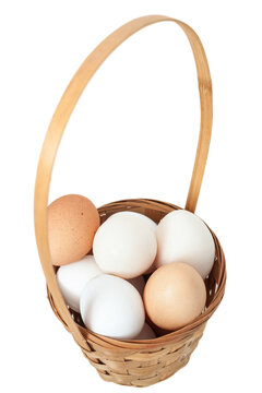 Wicker basket with fresh brown and white mixed colors chicken eggs isolated on white background