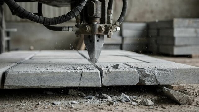 Closefocused medium shot of a hydraulic splitter cleaving stone slabs into uniform pavers highlighting the process of producing smooth durable surfaces for walkways.