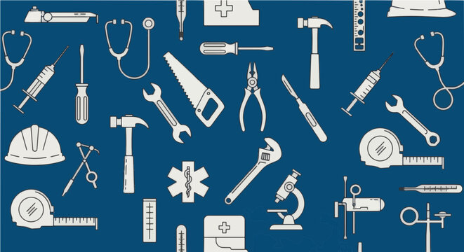 Seamless pattern of construction tools and medical equipment on blue background, essential workers and multidisciplinary services concept