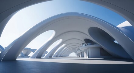 Obraz premium A futuristic architectural structure with white arches stretches under a blue sky with sunlight.