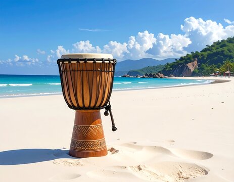 A serene beach scene with a single djembe drum on the shore