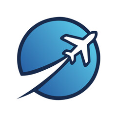 Logotipo agencia de viajes. Dibujo sencillo con líneas de un avión de pasajeros con estela con un círculo de color azul © teracreonte