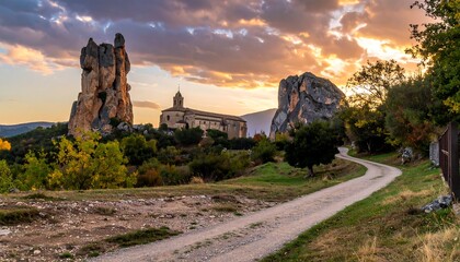 Obraz premium Scenic Landscape with Ancient Structures and Winding Road.