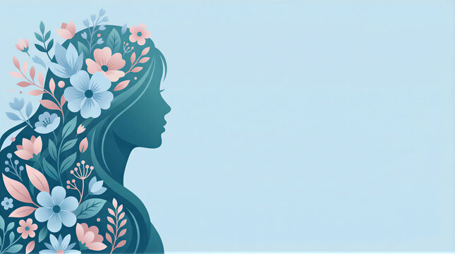 Elegant Vector Silhouette of Mother with Blooming Floral Hair and Spacious Copy Space
