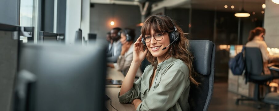 A smiling female customer service representative wearing a headset works at a computer in a modern office environment.