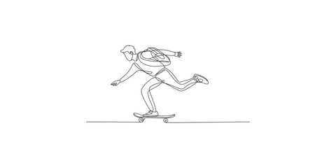Continuous line drawing of a skateboarder performing a trick in motion skateboard one minimalist black © Line Art Gallery