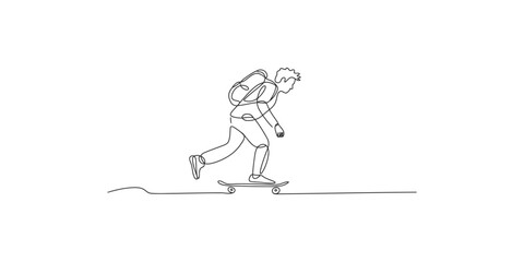 Continuous line drawing of a man riding a skateboard with a backpack on skateboarder one © Line Art Gallery