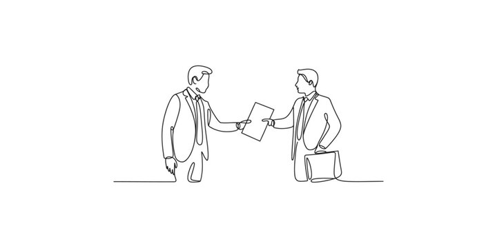 Two businessmen exchanging document in a simple line drawing style business men exchange illustration one