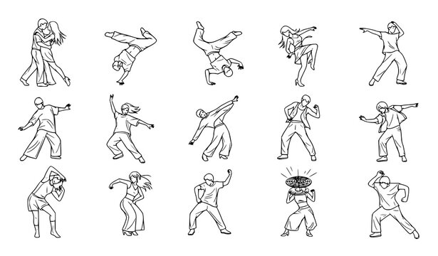 Dynamic dancing people outline icon set with trendy dance poses, tango, breakdance, and disco lifestyle