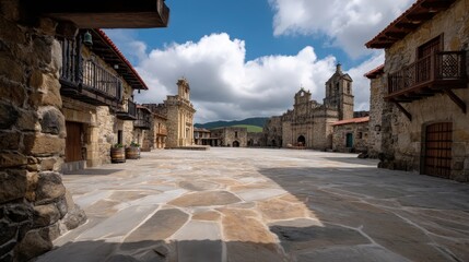 Fototapeta premium Monastery stands with stone facade under blue sky and clouds, trees around, large square in front, and ancient structure on one side