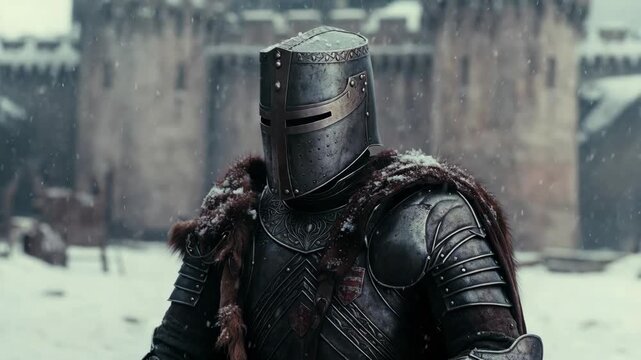 Medieval knight in detailed armor, realistic style, standing before snowy castle walls, concept of bravery and history