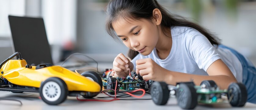 Girl works on making a mini robot car with tools and wires at a home office desk in daylight for a school science project