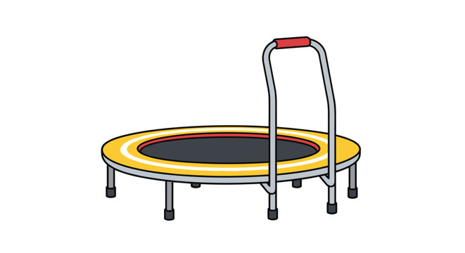Compact fitness trampoline for home exercise features a yellow and black jumping mat and a stable metal handle bar for safety.