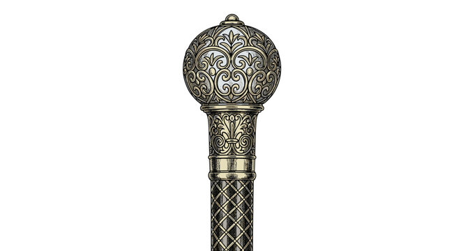 Intricately designed silver cane head with ornate patterns and scrolls is shown in a close-up illustration for luxury accessory concepts.