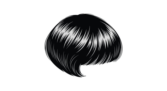 Stylish black bob haircut or wig is illustrated with shiny highlights and a curved shape, suitable for hair salon and beauty themes.