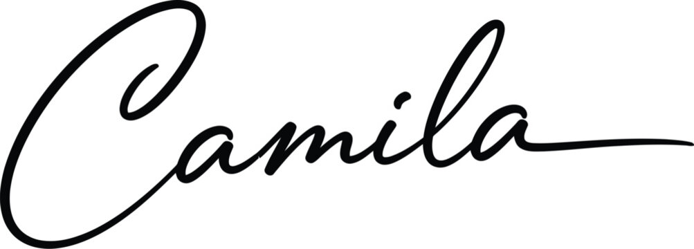 A elegant signature of the name Camila in black cursive font on a white background