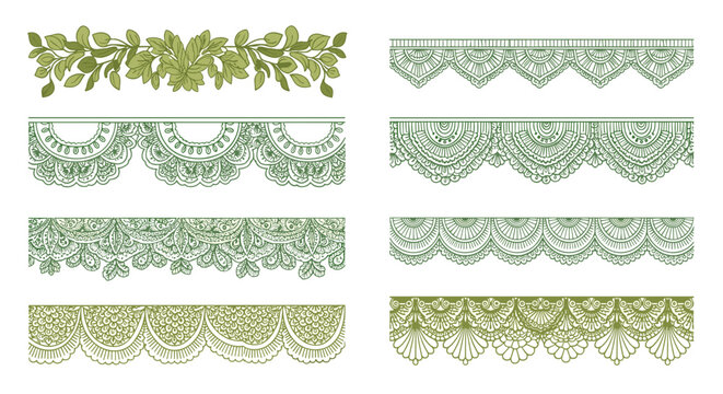 Selection of decorative green lace borders and a leafy garland pattern in vintage style for craft and decoration.