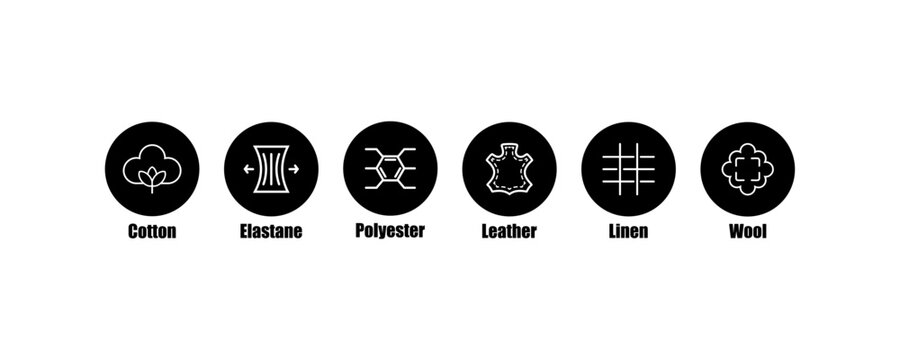 Illustrated symbols of cotton, elastane, polyester, leather, linen, and wool fabrics.