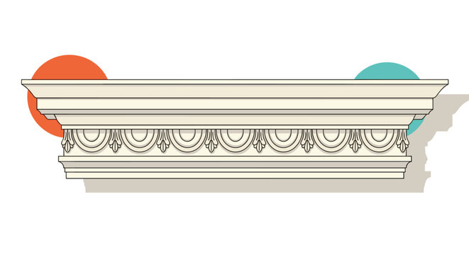 Classical architectural cornice or molding with ornate decorative patterns on a colorful background for interiors.