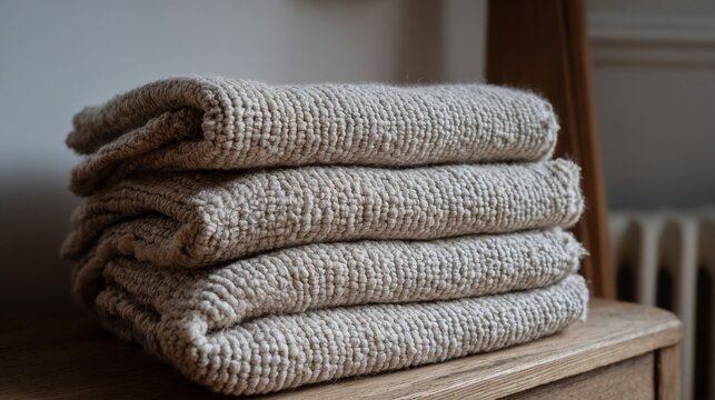 Close-up view of a stack of chunky woven linen textiles featuring natural slubs and textured fibers