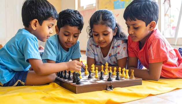 Childrens Chess Game - Focused Kids Playing Strategy Board Game Together.