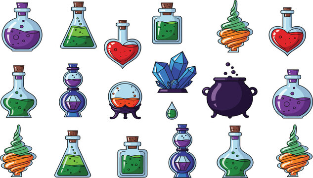 Magic Potion Bottles Set with Elixirs Heart Flasks Cauldron Crystals Vector